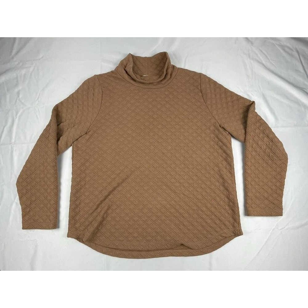J CREW WOMEN LARGE QILTED‎ TURTLENECK SWEATER TAN TEXTURED LONG SLEEVE TOP